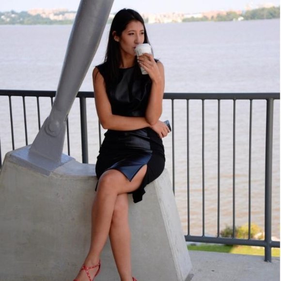 Black Sleeveless Two-Tone Faux Leather Dress - Picture 2 of 4